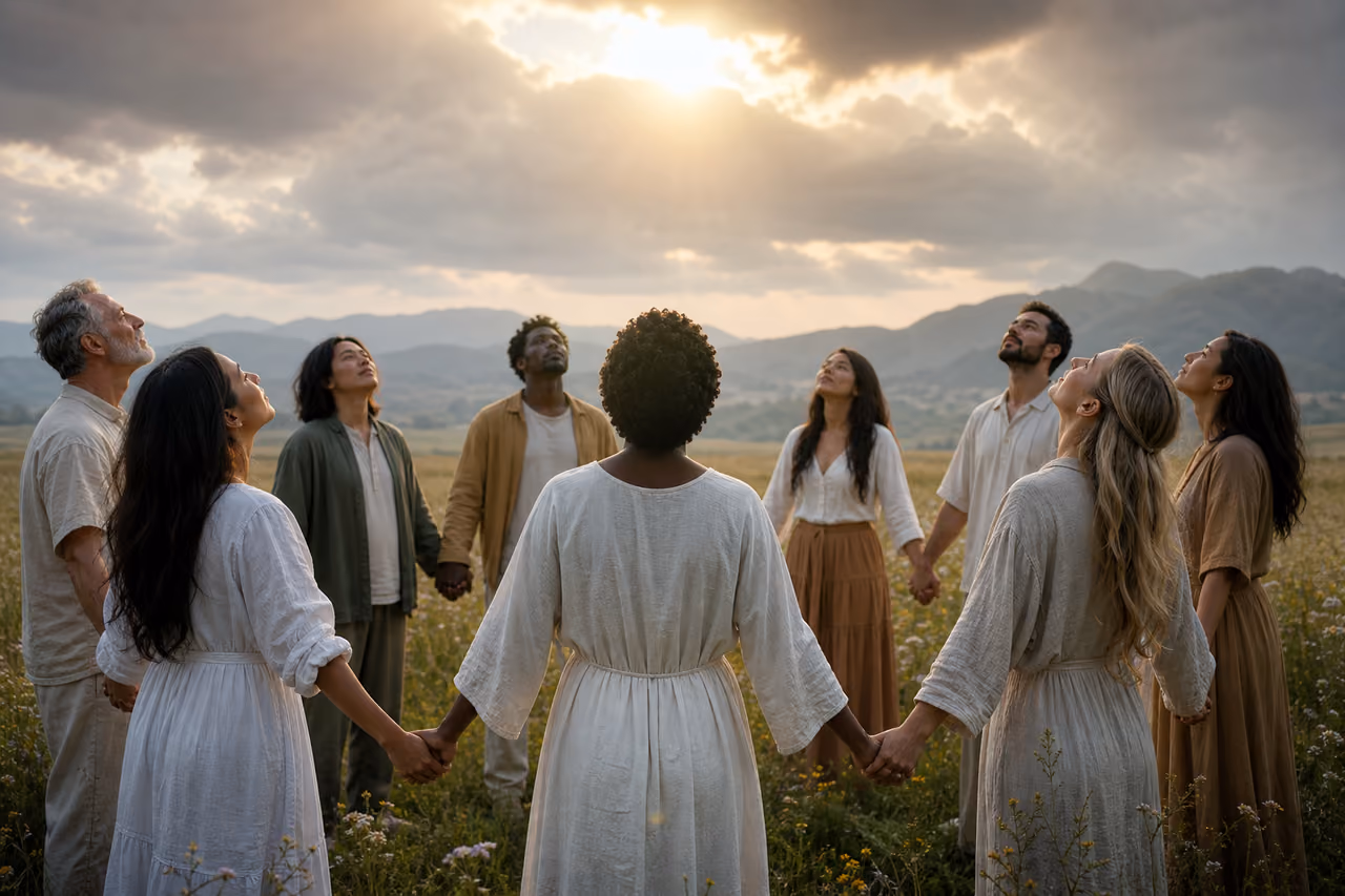 Diverse Group of People Holding Hands in a Meadow