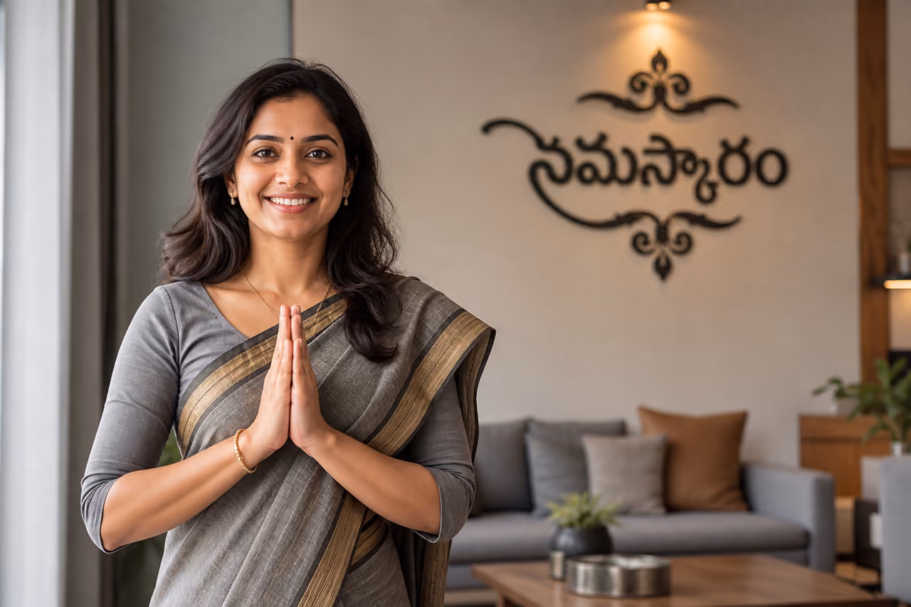 Indian Woman Greeting with Namaste and Telugu Calligraphy