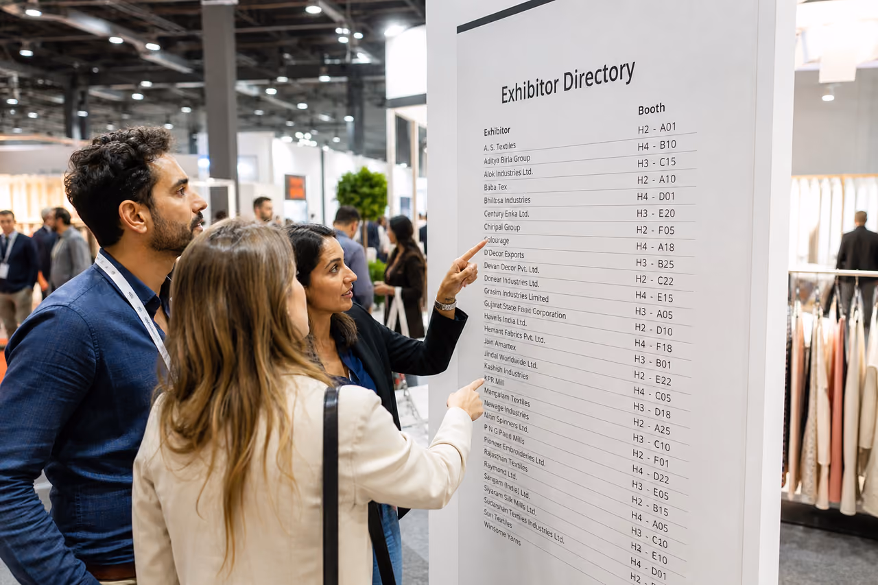 Business Professionals Reviewing an Exhibitor List at a Trade Show