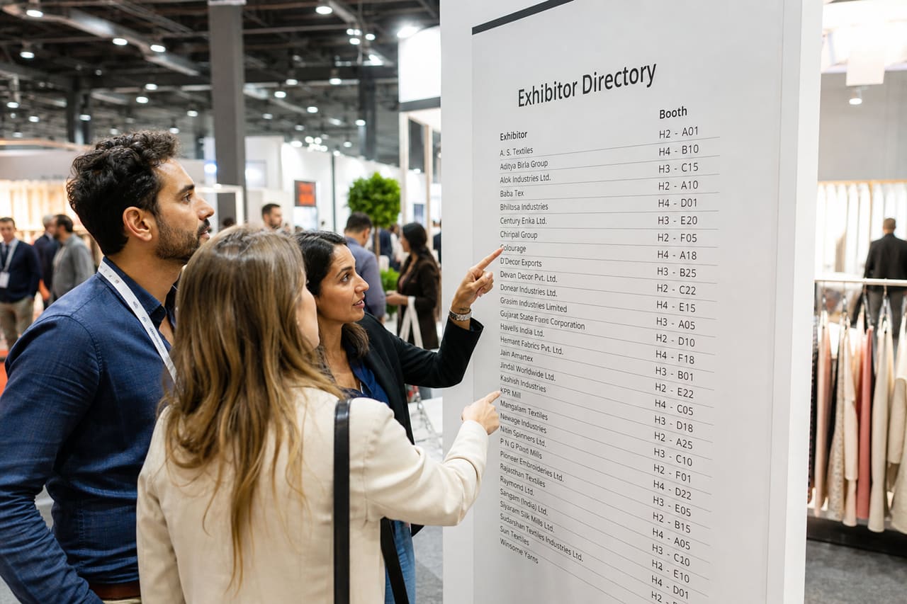 Business Professionals Reviewing an Exhibitor List at a Trade Show