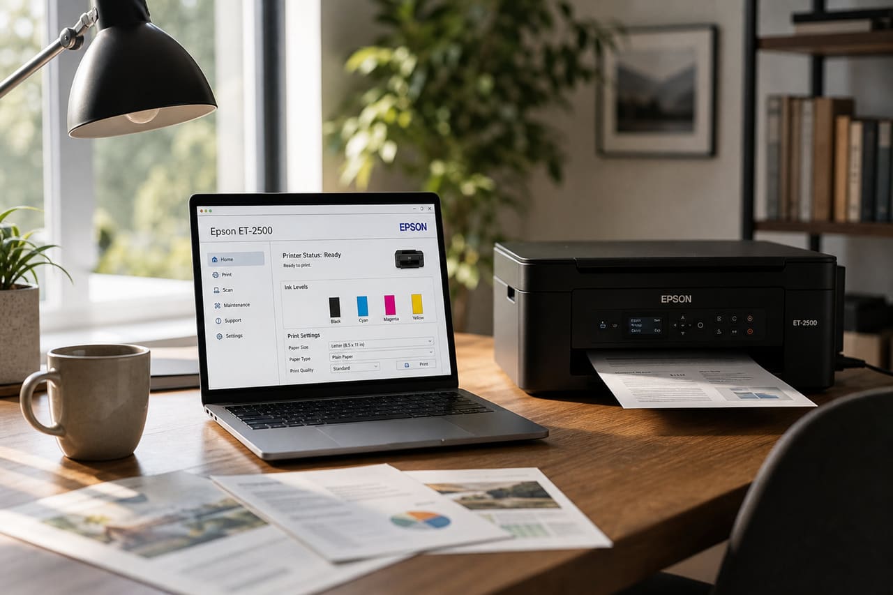 Laptop Displaying Printer Software Next to Inkjet Printer