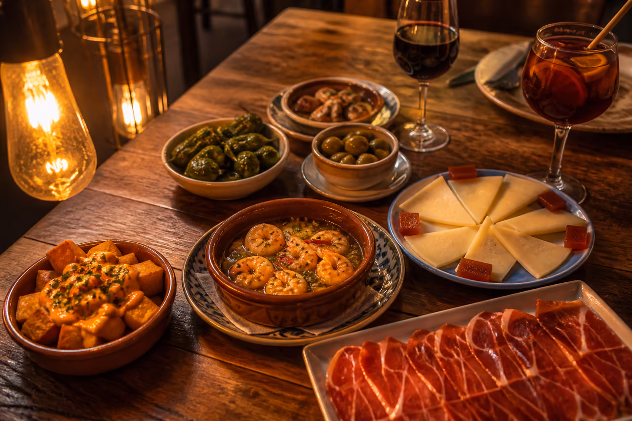 Assorted Spanish Tapas Plates on a Rustic Restaurant Table