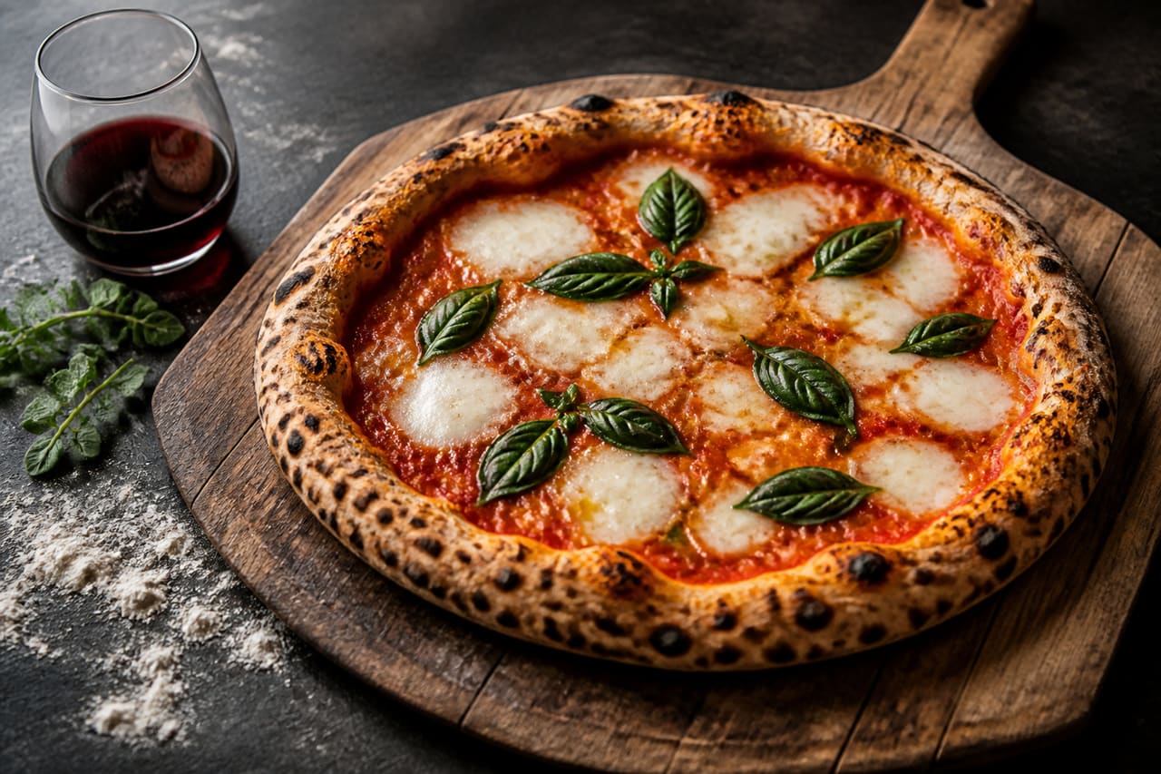 Artisan Neapolitan Pizza on a Rustic Wooden Peel