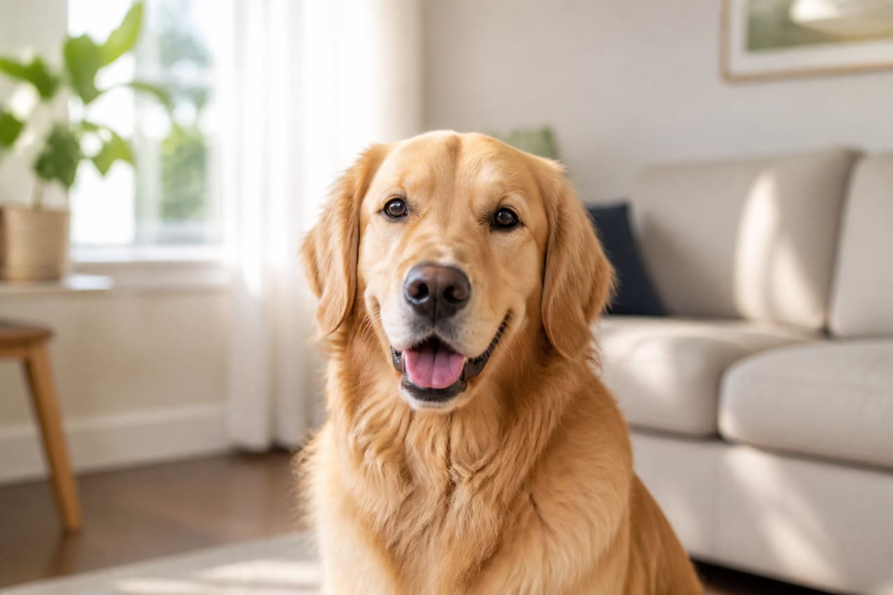 Golden Retriever Sitting in a Bright Suburban Living Room