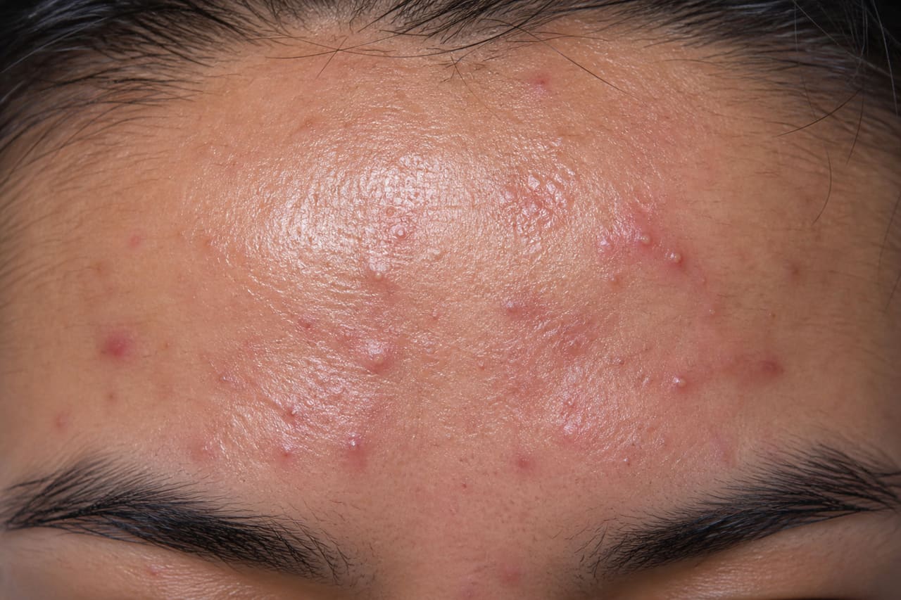 Close Up of Oily Forehead Acne on Human Skin