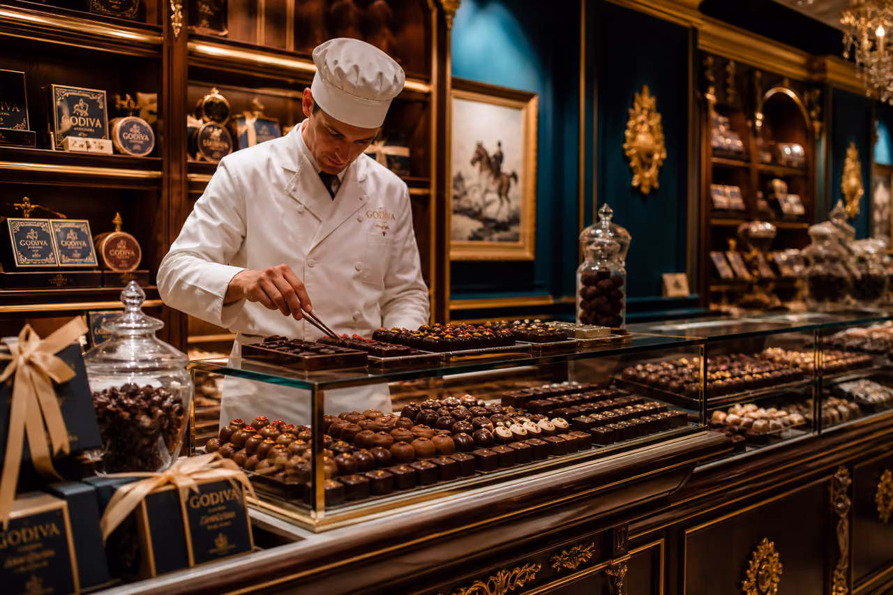 Luxury Chocolate Counter with Artisan Pralines in a Boutique