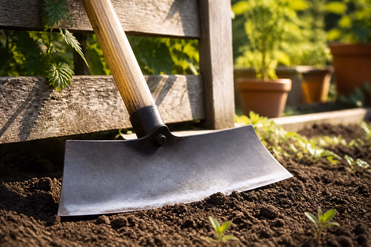 Extra Wide Garden Hoe Resting in a Tilled Vegetable Garden